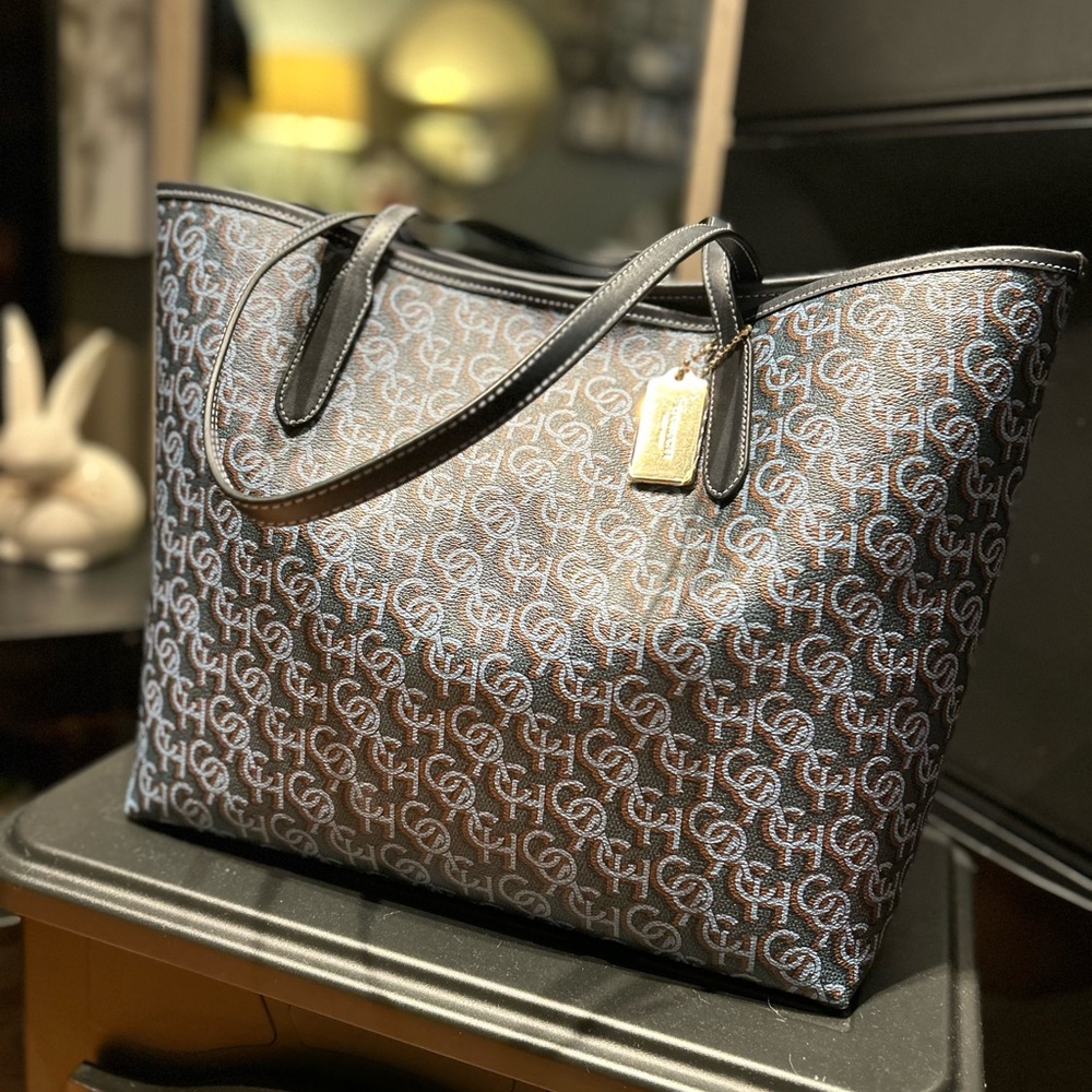Coach Navy Canvas & Leather City Tote with Monogram Print Bag